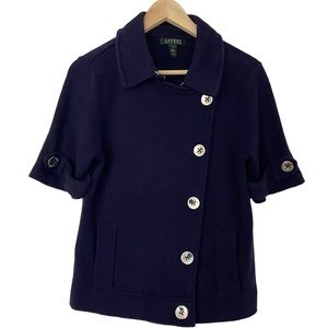 RALPH LAUREN NAVY ASYMMETRICAL 100% COTTON SWEATER/JACKET WITH SILVER BUTTONS